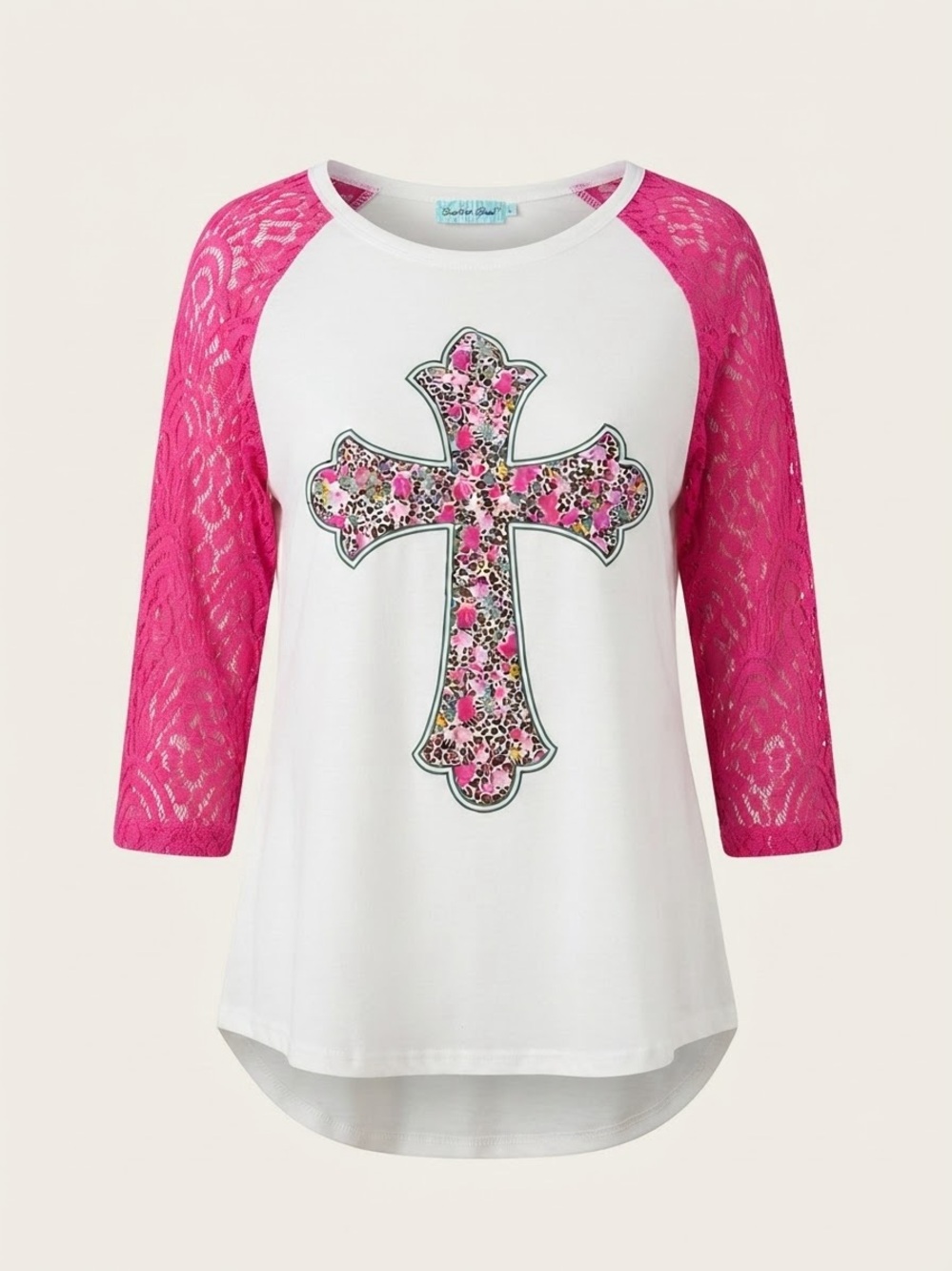 Southern Grace White Raglan Tee with Hot Pink Lace Sleeves & Floral Cross size L